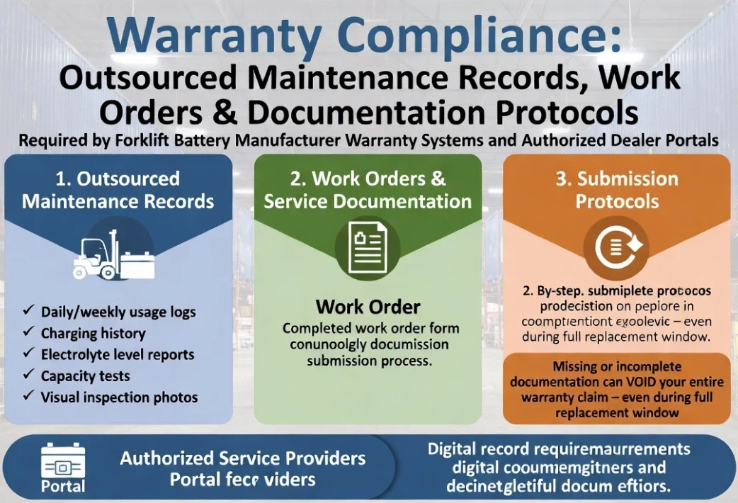 Outsourced maintenance records, work orders, and documentation protocols required by forklift battery manufacturer warranty systems and authorized dealer portals. Outsourced maintenance records, work orders, and documentation protocols required by forklift battery manufacturer warranty systems and authorized dealer portals.