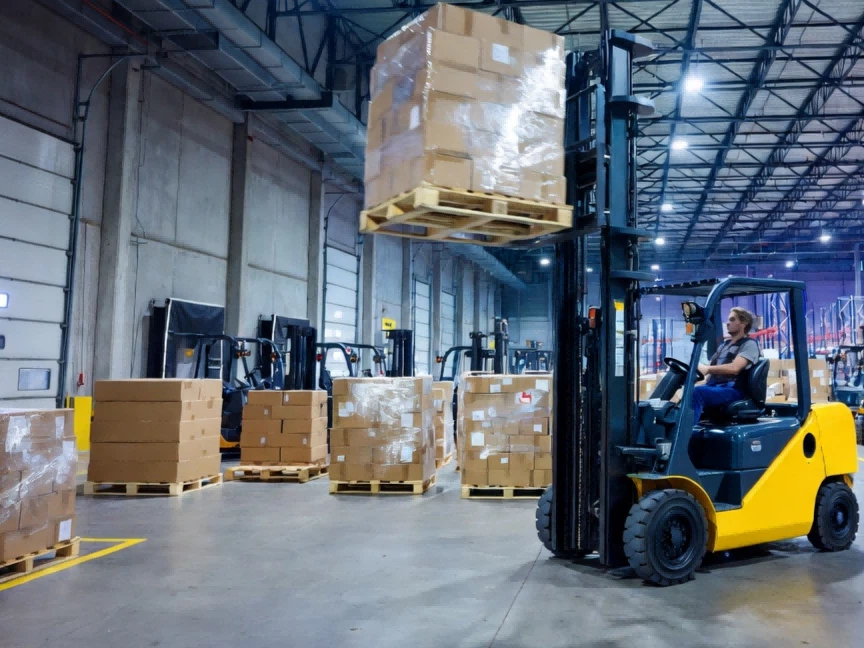 Warehouse forklift operating in a multi-shift facility illustrating Equivalent Battery Usage (EBU) and power strategy misalignment
