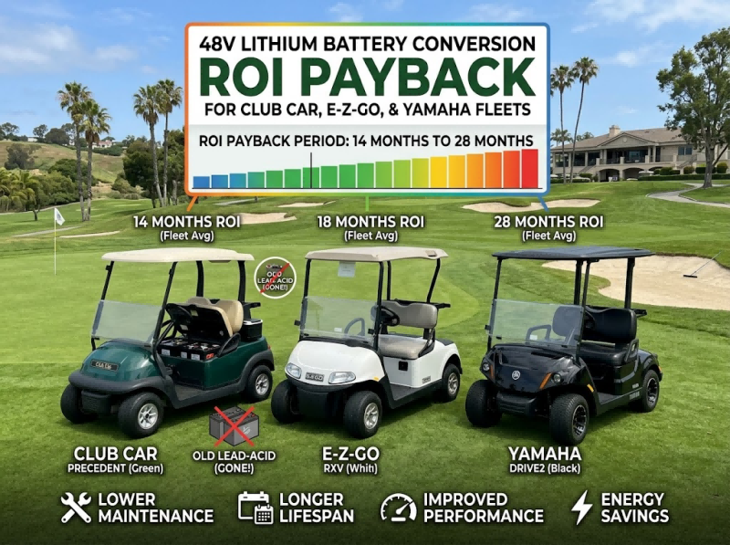 48V lithium golf cart battery conversion for Club Car, E-Z-GO, and Yamaha fleets showing 14-month to 28-month ROI payback