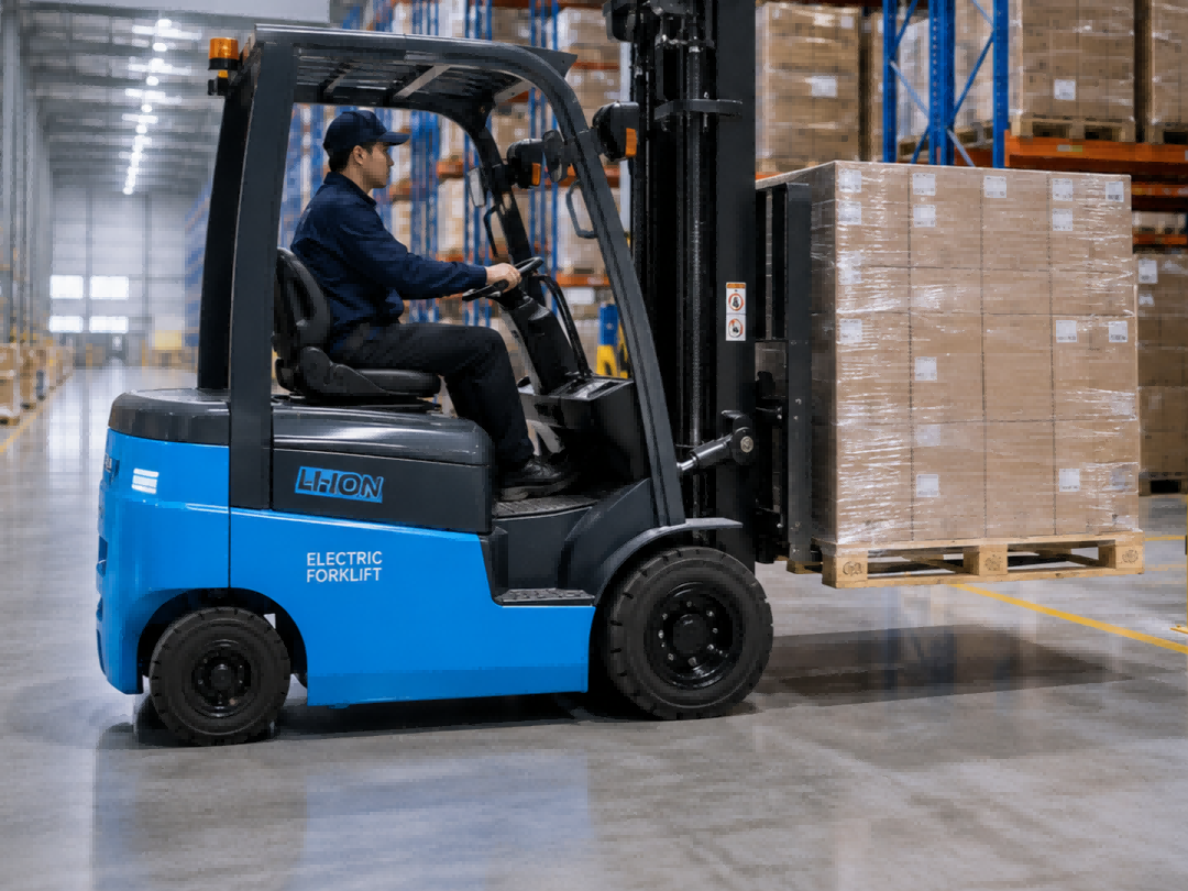 Electric forklift moving pallets in a high-efficiency warehouse environment where lithium-ion batteries maximize throughput