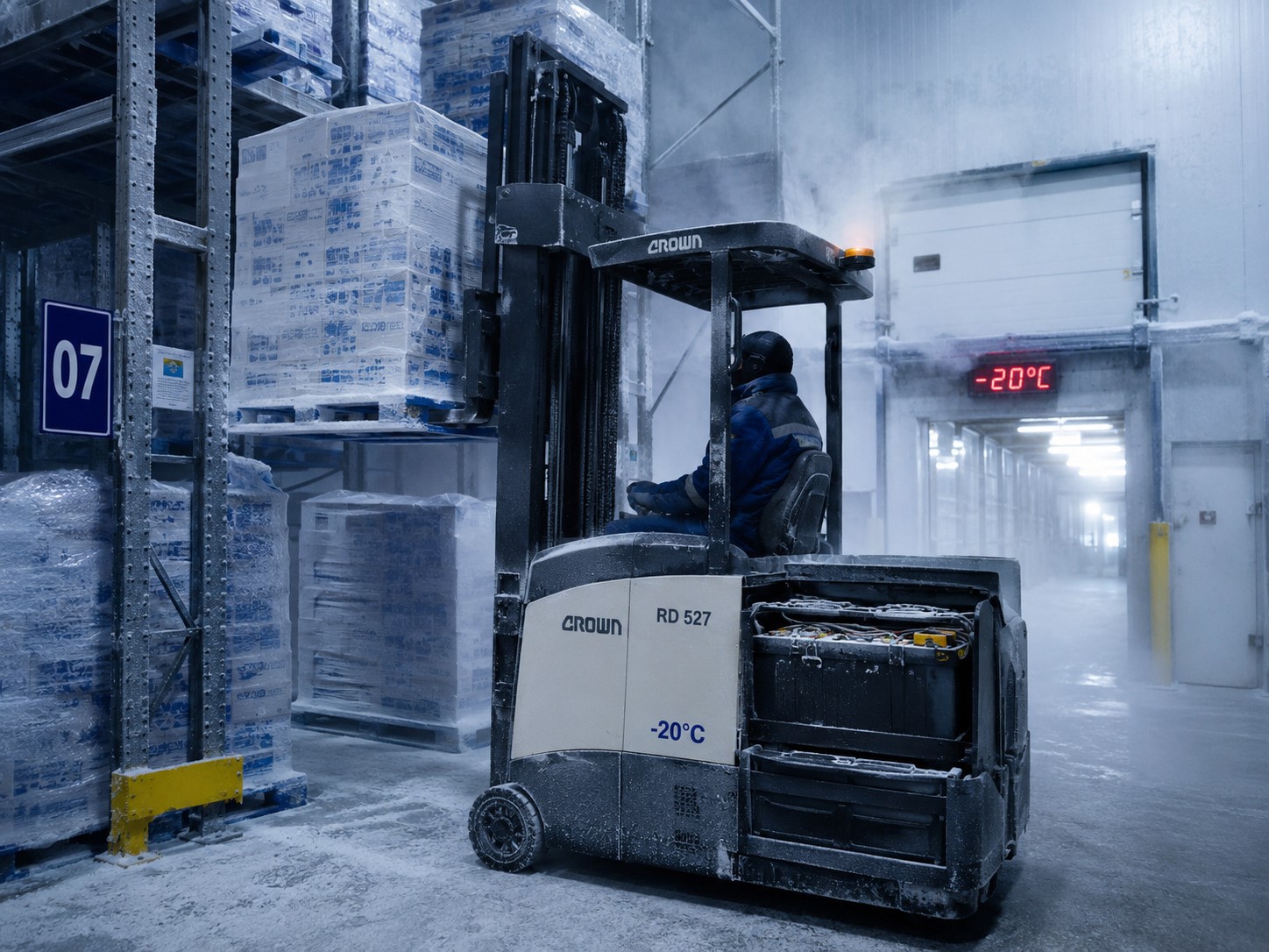 An electric reach truck forklift operating in a sub-zero cold storage warehouse at -20 degrees Celsius, showing the demanding environment for industrial forklift battery temperature management.