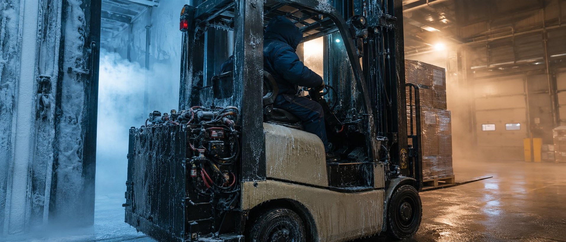 A forklift transitioning from a sub-zero freezer to a warm loading dock, showing visible condensation on mechanical and electrical components, a key factor in forklift battery failure. A forklift transitioning from a sub-zero freezer to a warm loading dock, showing visible condensation on mechanical and electrical components, a key factor in forklift battery failure.