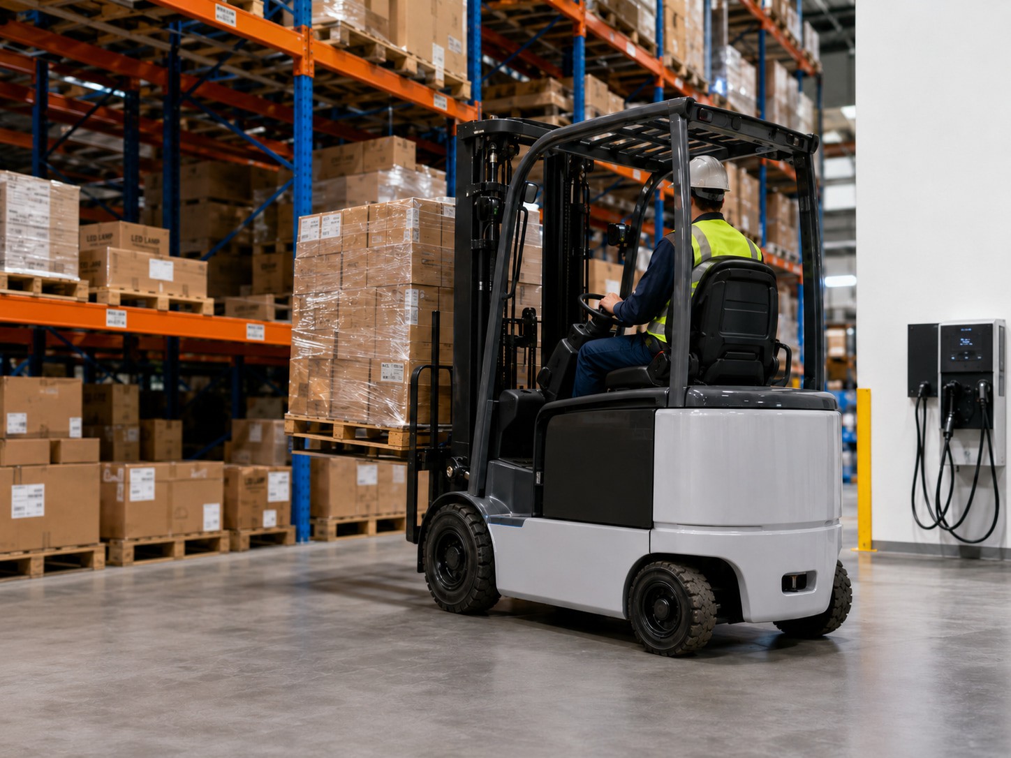 Industrial electric forklift truck operating in a logistics warehouse warehouse showcasing the physical asset that relies on accurate forklift battery ROI calculator and total cost of ownership TCO analysis models Industrial electric forklift truck operating in a logistics warehouse warehouse showcasing the physical asset that relies on accurate forklift battery ROI calculator and total cost of ownership TCO analysis models