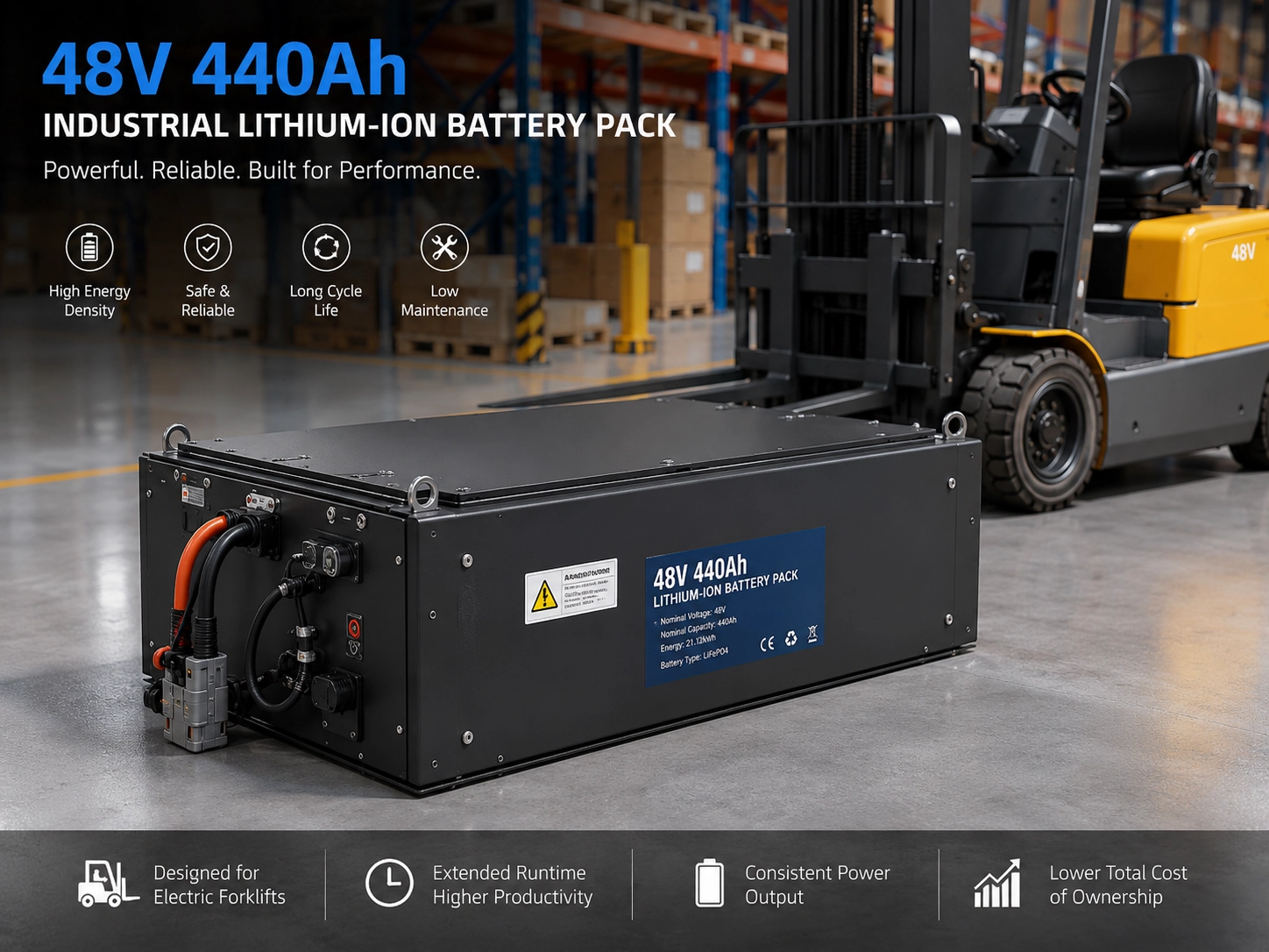A professional 48V 440Ah industrial lithium-ion battery pack designed for high-performance electric forklifts in warehousing applications.