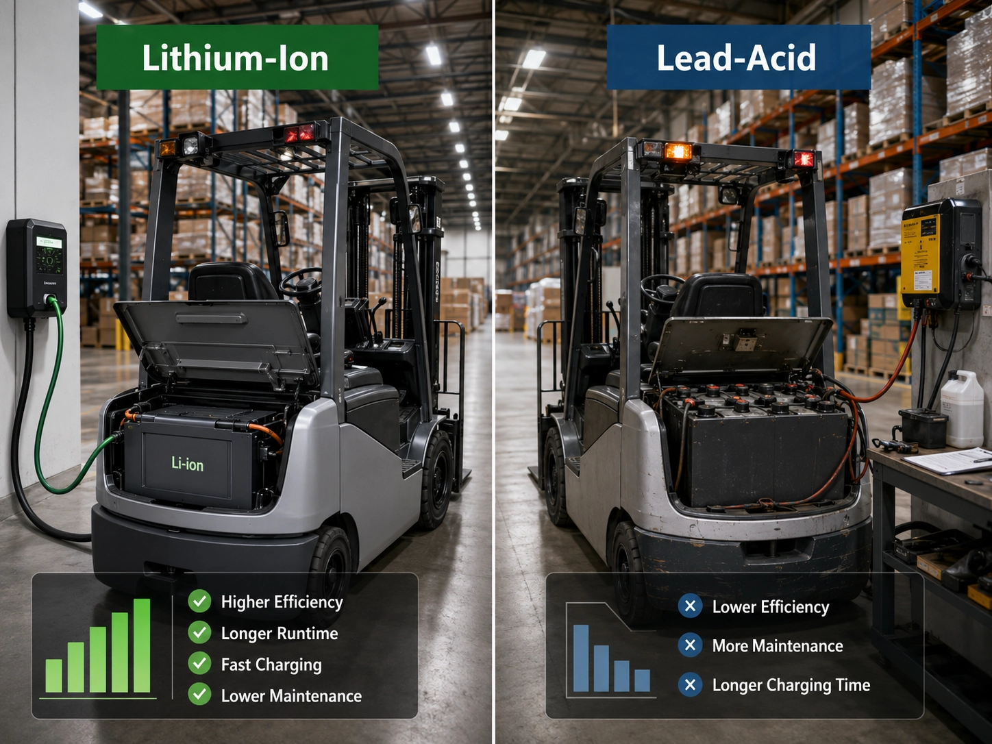 Warehouse forklift operating in a logistics center comparing lithium ion vs lead acid battery efficiency