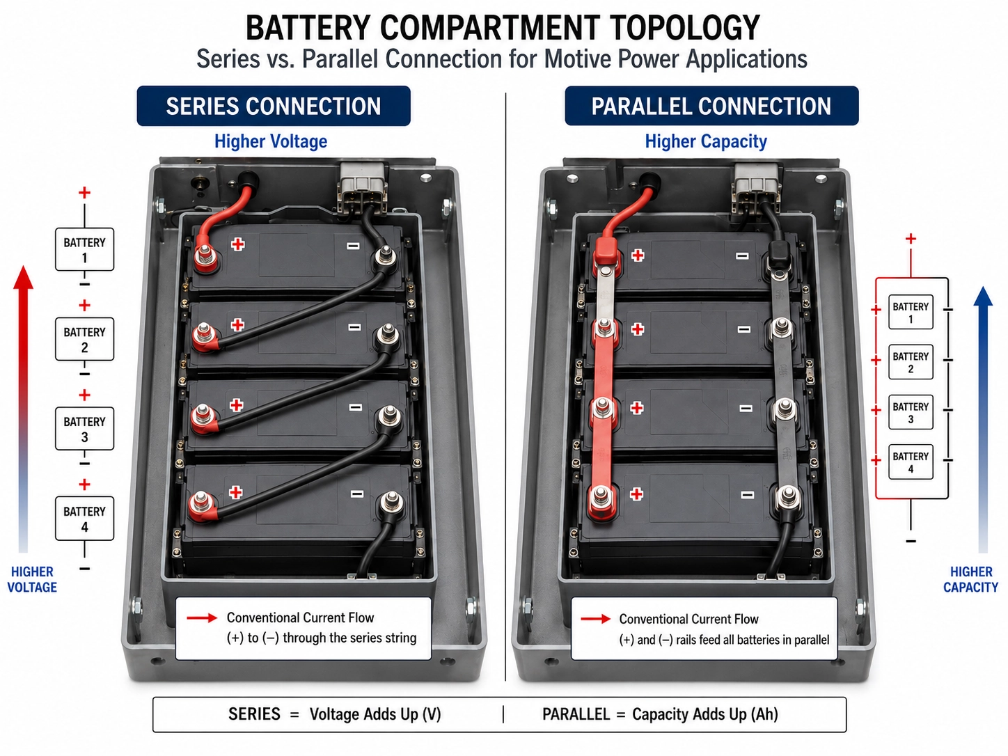 Industrial battery compartment topology showing series versus parallel battery connection wiring for motive power equipment