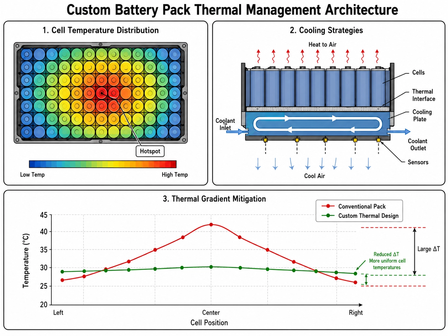 Custom battery pack thermal management architecture diagram illustrating cell temperature distribution, cooling strategies, and thermal gradient mitigation
