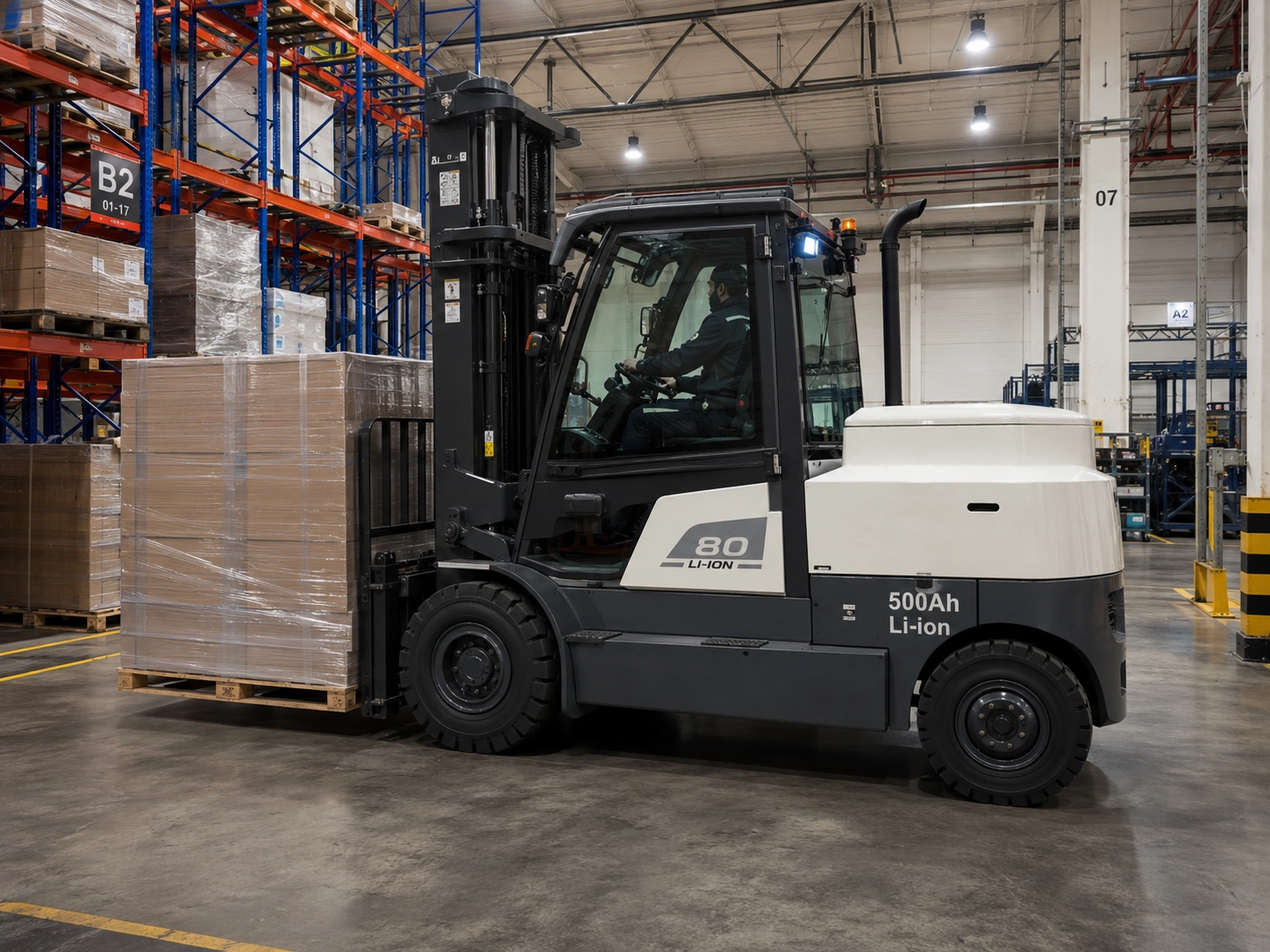 Heavy duty forklift with high capacity 500Ah lithium ion battery operating in industrial logistics center