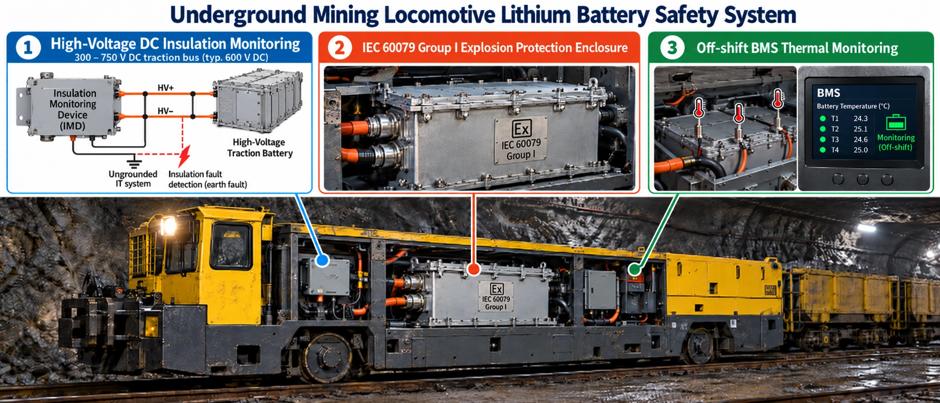 Underground mining locomotive lithium battery safety system showing 60V DC high-voltage insulation monitoring, IEC 60079 Group I explosion protection enclosure, and off-shift BMS thermal monitoring Underground mining locomotive lithium battery safety system showing 60V DC high-voltage insulation monitoring, IEC 60079 Group I explosion protection enclosure, and off-shift BMS thermal monitoring